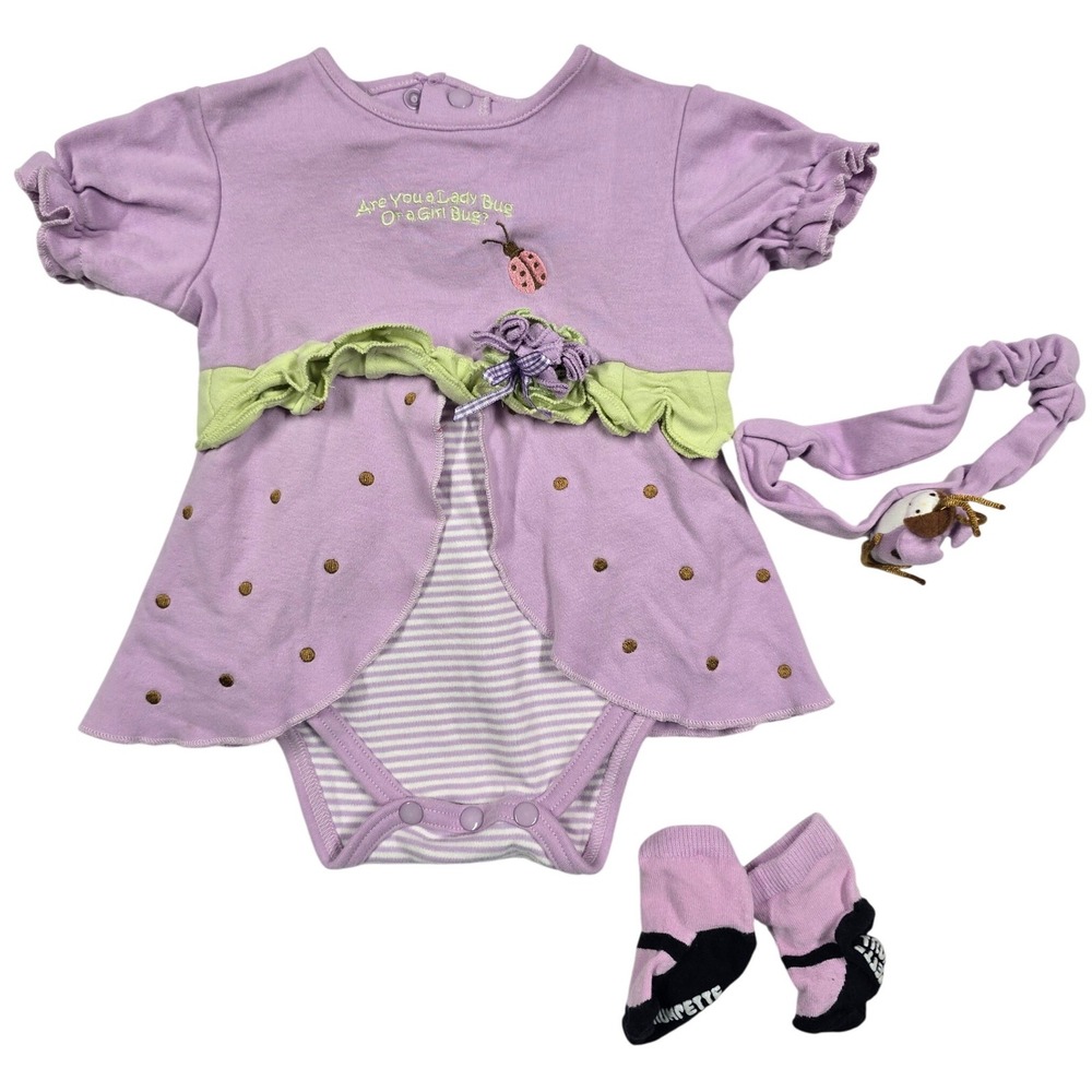 Bunnies By The Bay Baby Girl Purple Ladybug Romper Dress Headband Socks 0-12M